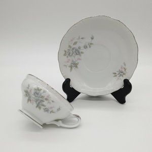Empress China El Patio K 1847 Coffee Tea Cup Saucer Blue Rose Silver Japan Set